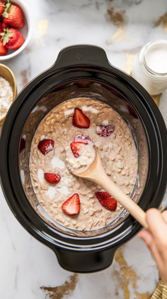 A wooden spoon stirring creamy oatmeal inside a crockpot