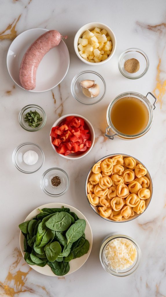 Top-down shot of all ingredients for creamy tortellini soup