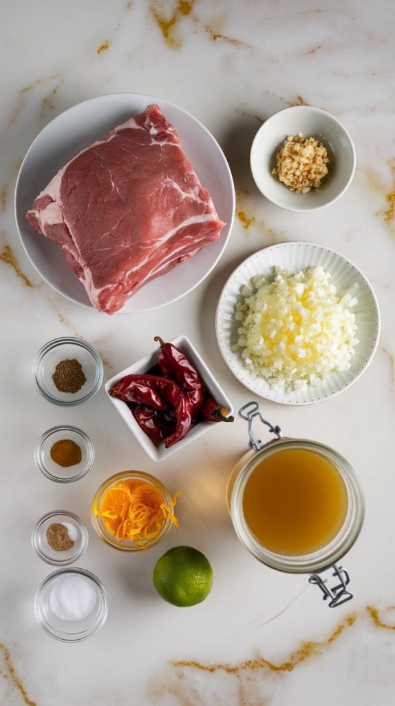 Top-down shot of all ingredients for crockpot chipotle carnitas