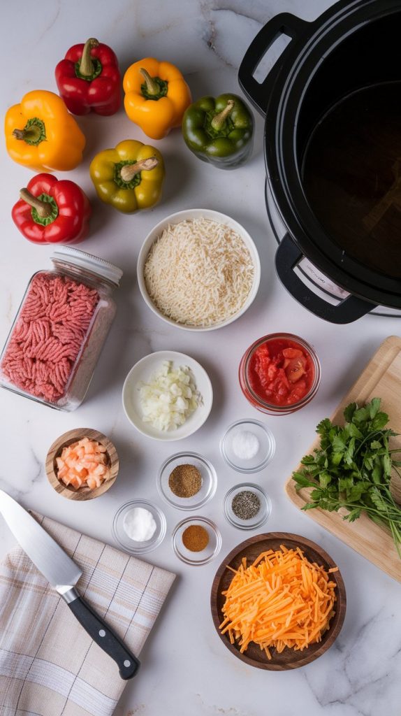 all ingredients for slow cooker stuffed peppers