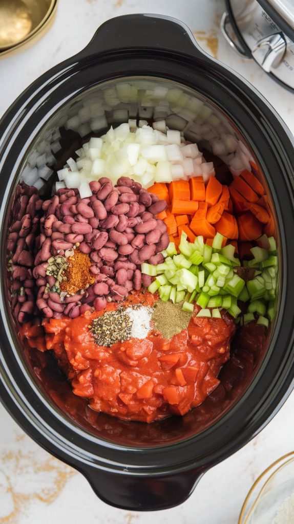 all ingredients layered in a crockpot: dried pinto beans, diced onion, sliced carrots, chopped celery