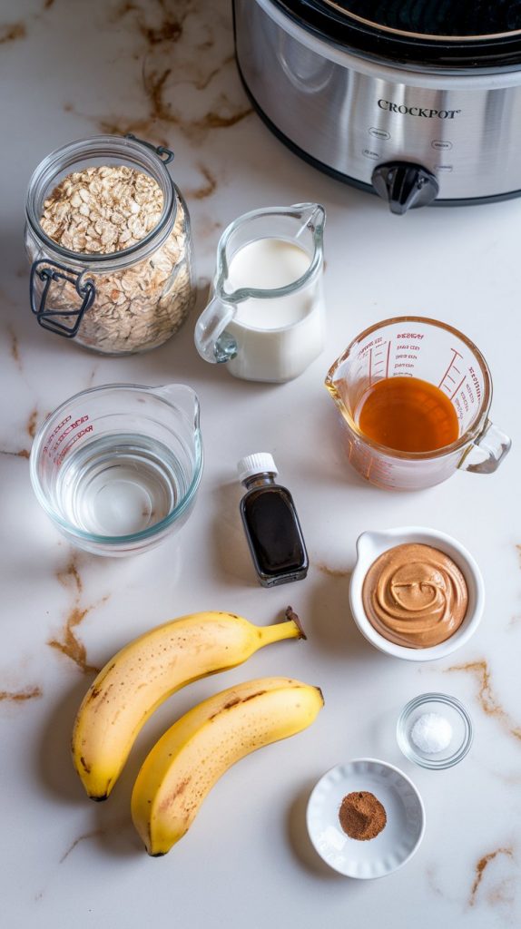 all ingredients needed for peanut butter and banana crockpot oatmeal