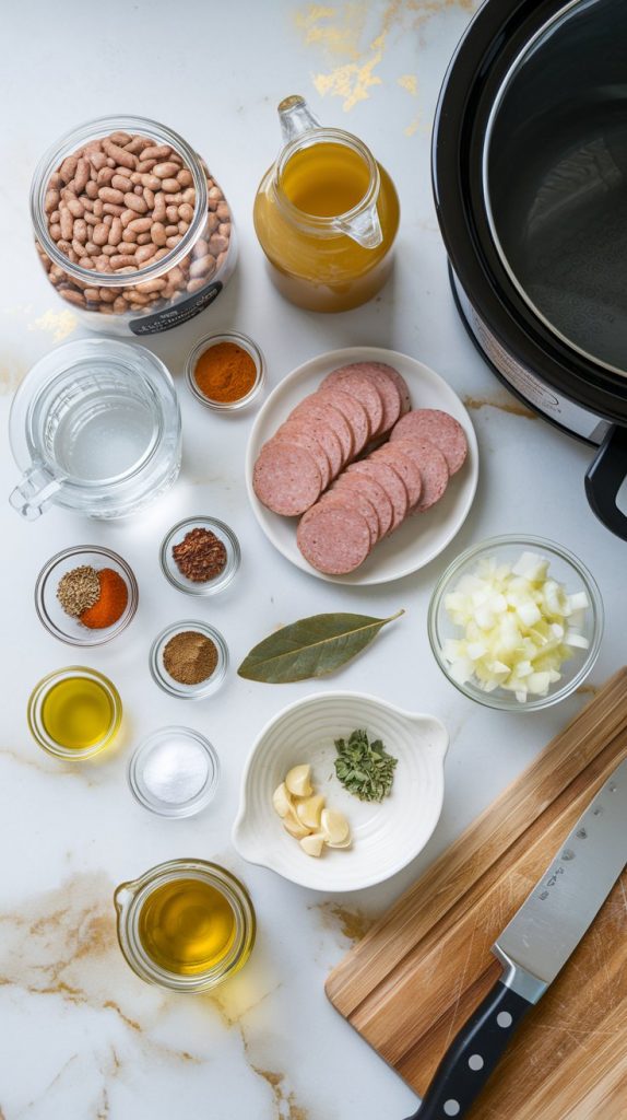 all the ingredients for crockpot pinto beans with sausage