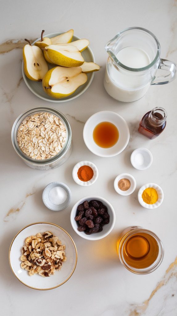 all the ingredients for spiced pear crockpot oatmeal