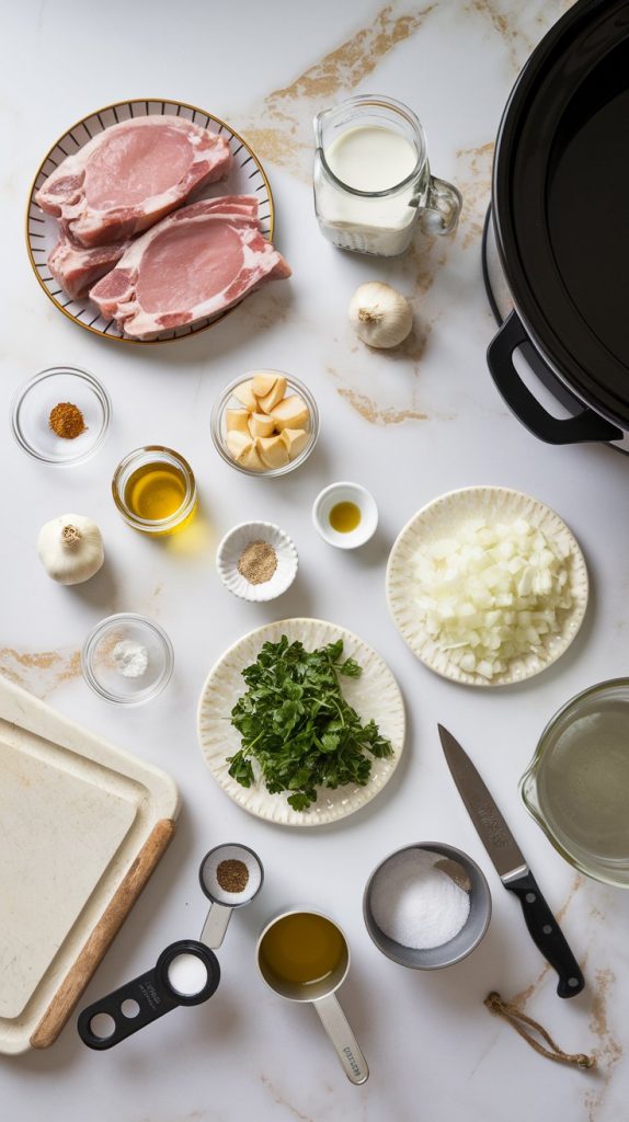 all the ingredients for Crockpot Creamy Pork Chops laid out