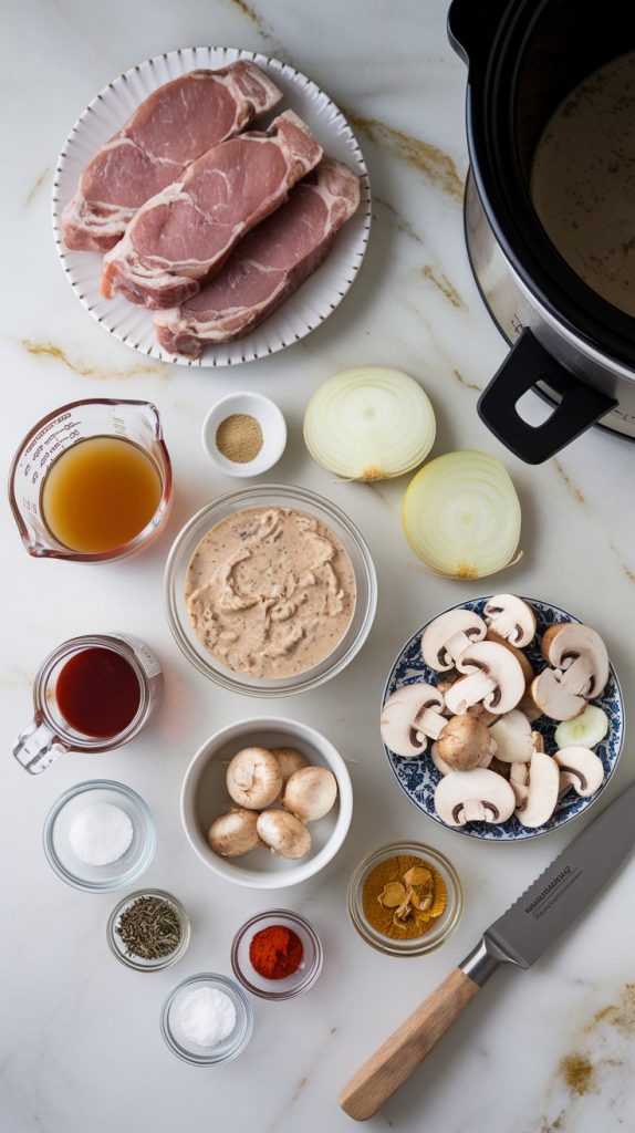 all the ingredients for crockpot smothered pork chops laid out