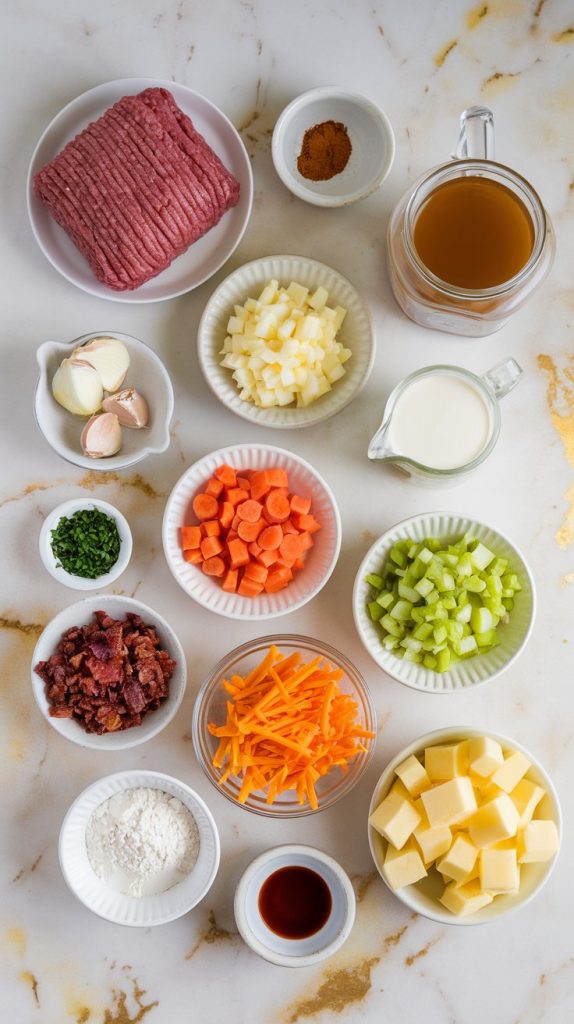 all the ingredients for Crockpot Cheeseburger Soup