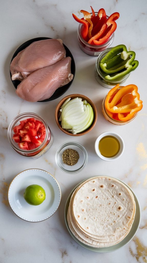 all the ingredients for crockpot chicken fajitas: raw chicken breasts, sliced bell peppers in red, yellow, and green