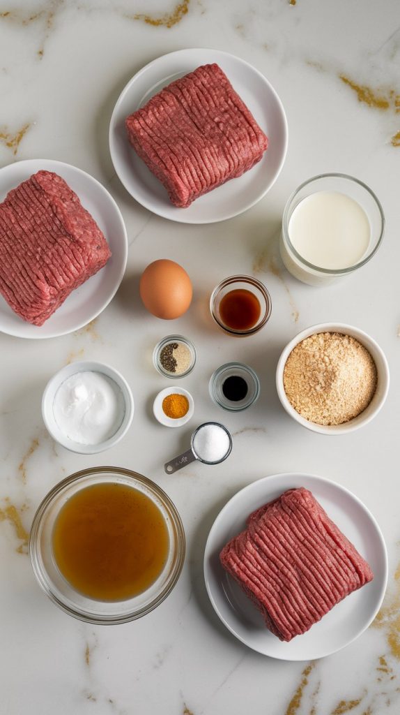 all the ingredients for Crockpot Salisbury Steak Meatballs