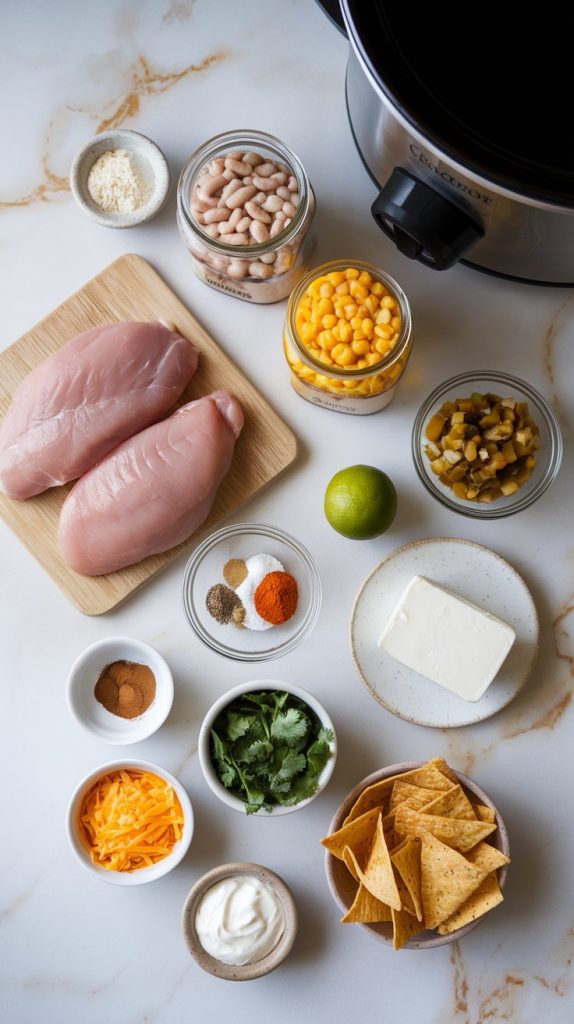 all the ingredients for Crockpot White Chicken Chili