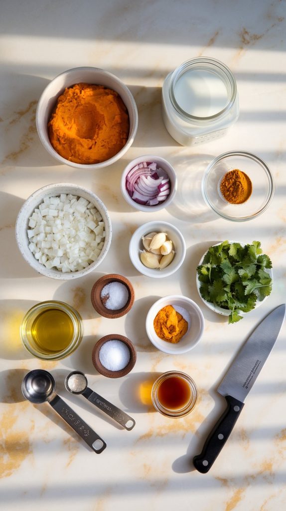 all the ingredients for Crockpot Pumpkin Curry Soup