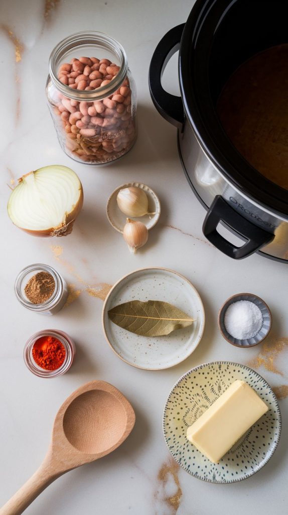 all the ingredients for crockpot refried pinto beans