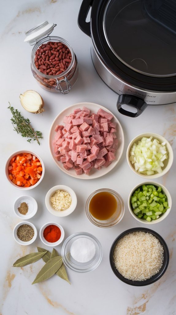 all the ingredients for crockpot red beans and rice with ham