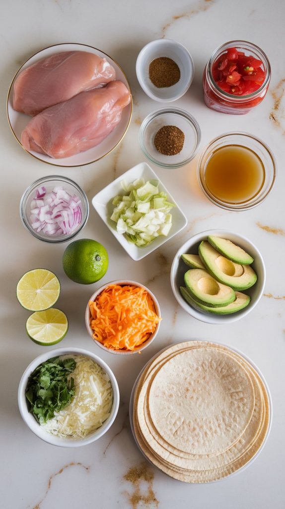 all the ingredients for healthy crockpot chicken tacos