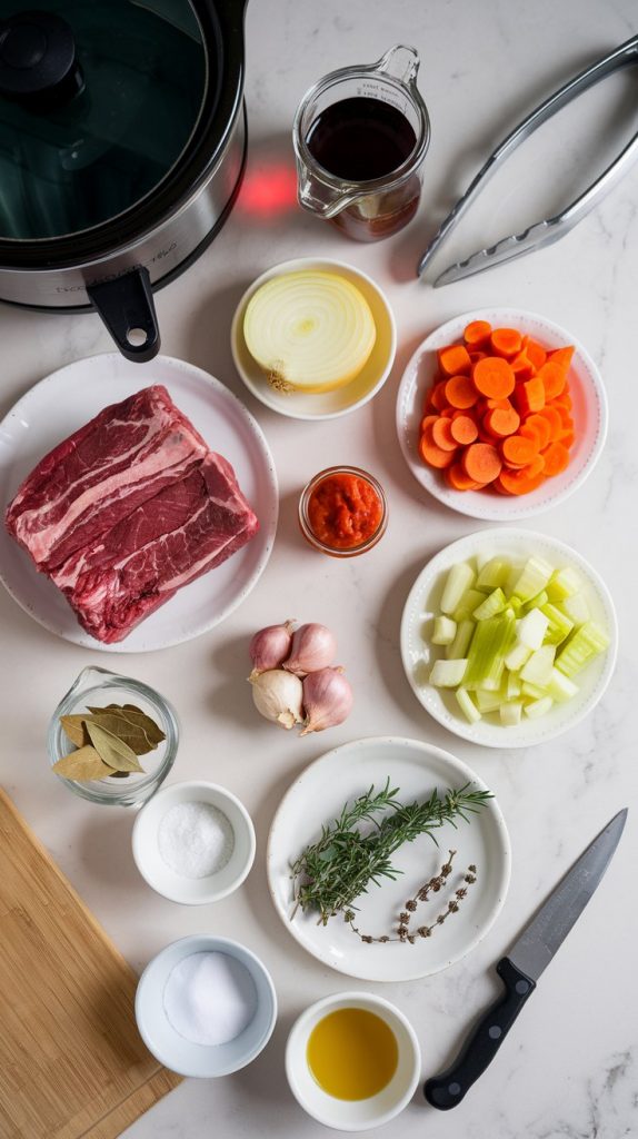 A top-down shot of all the ingredients: raw beef short ribs, a yellow onion, carrots, celery stalks, garlic cloves