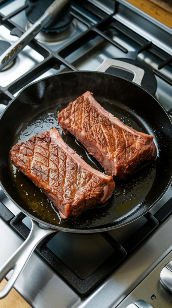 beef short ribs being seared in a large skillet with olive oil