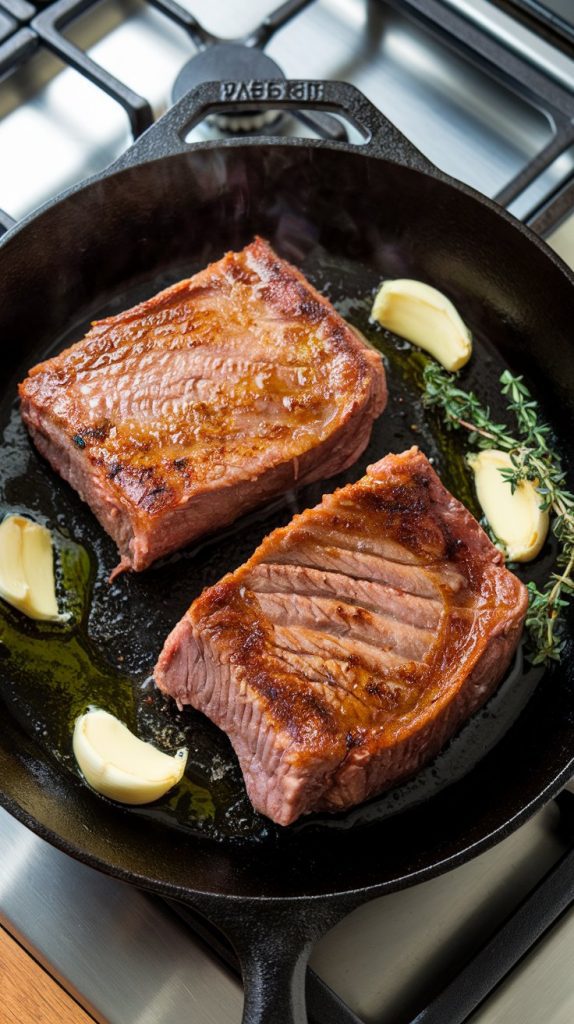 Beef short ribs searing in a cast iron skillet, golden brown crust forming on each side