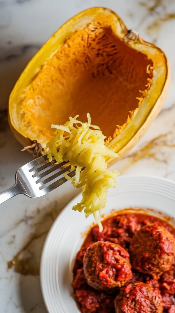 cooked spaghetti squash being shredded into noodles with a fork, meatballs and sauce