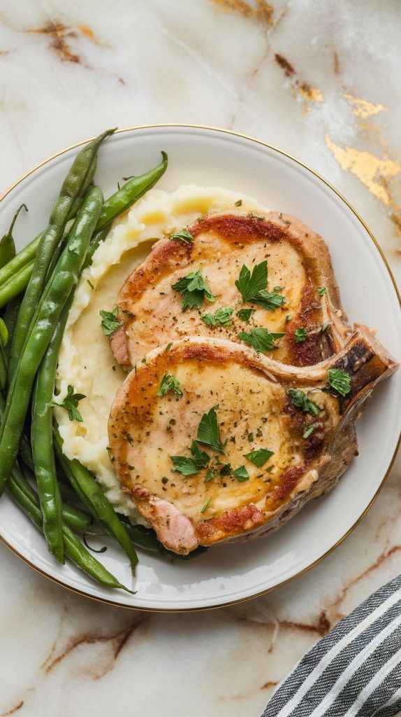 creamy garlic parmesan pork chops garnished with fresh parsley, served with mashed potatoes and green beans