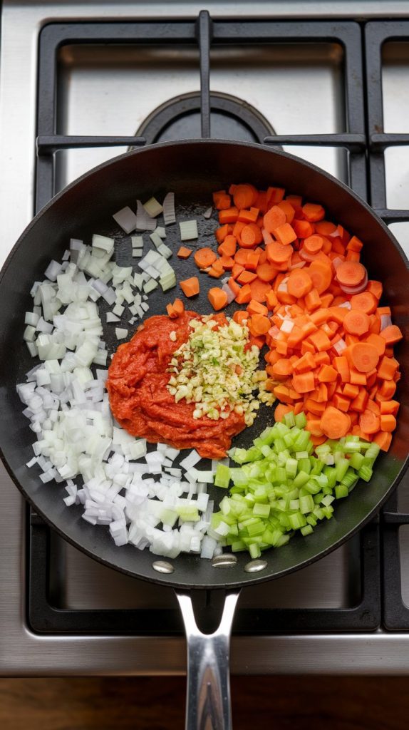 onions, carrots, and celery sautéing in a skillet, with garlic and tomato paste