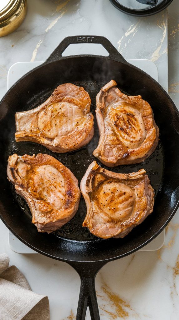 Four pork chops being seared in a cast iron skillet with golden edges, sizzling in oil