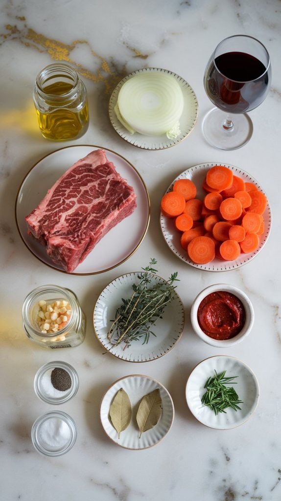 fresh beef short ribs, olive oil in a small glass bowl, a sliced onion, chunky carrots, minced garlic in a small dish