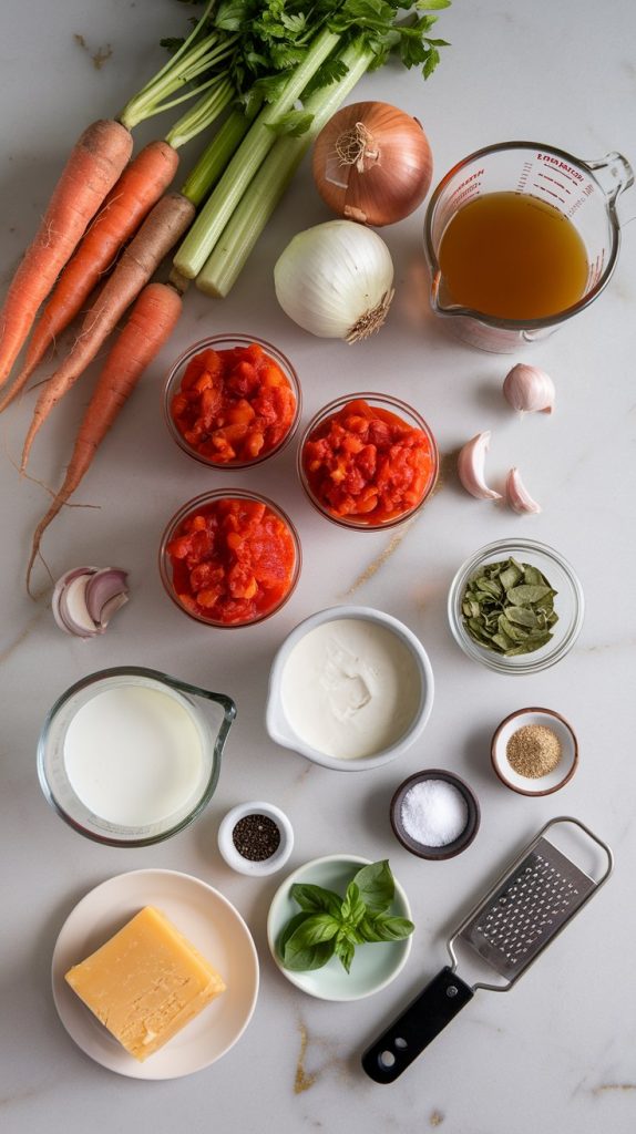 Top-down shot of fresh carrots, celery, a yellow onion, garlic cloves, two large cans of crushed tomatoes