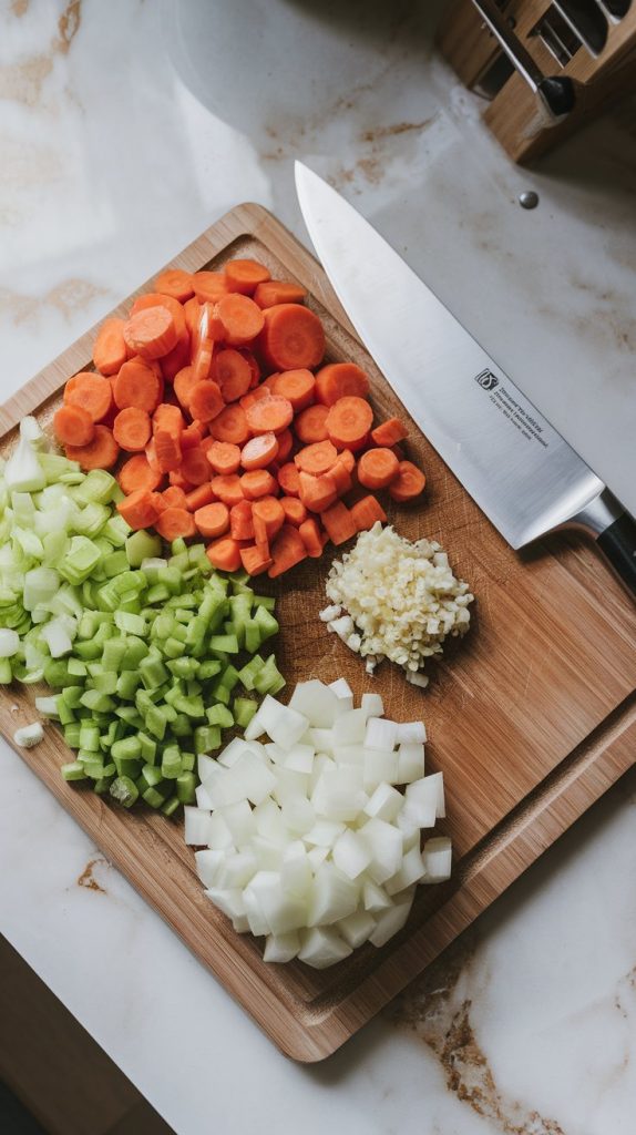 freshly chopped carrots, celery, onion, and minced garlic neatly arranged on a wooden cutting board