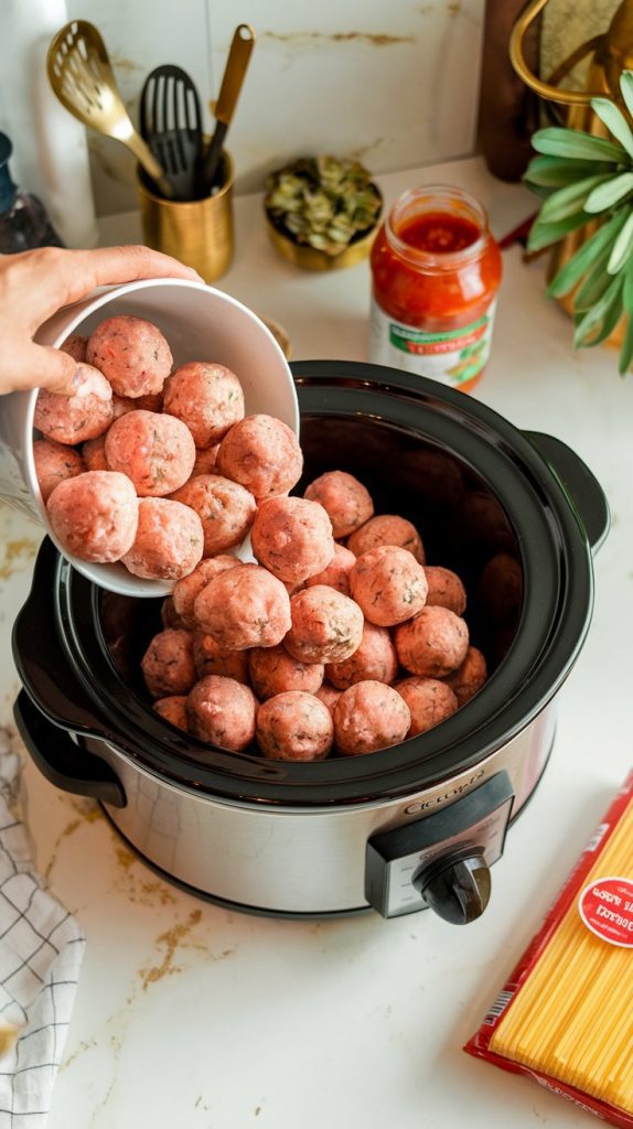 frozen meatballs being poured into a black crockpot