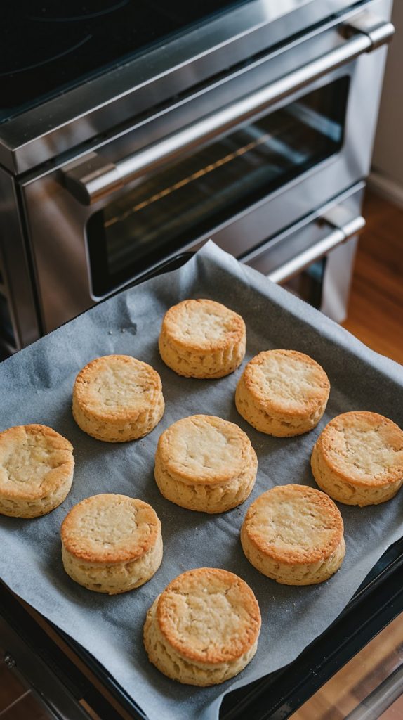 golden biscuits fresh out of the oven on a baking sheet lined with parchment paper