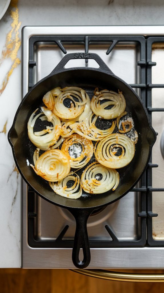 Golden caramelized onions in a cast iron skillet with minced garlic