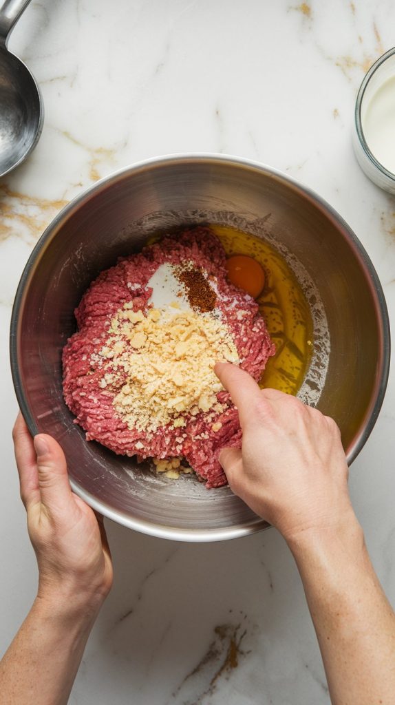 Top-down shot of hands mixing ground beef and pork with breadcrumbs, eggs