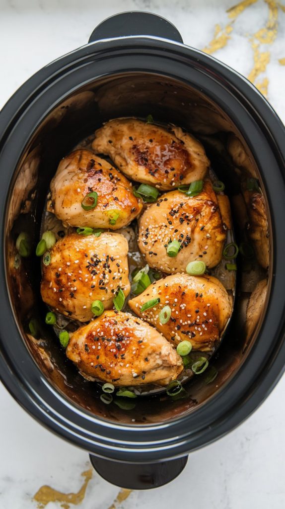 Honey garlic chicken in the slow cooker, garnished with sesame seeds and green onions