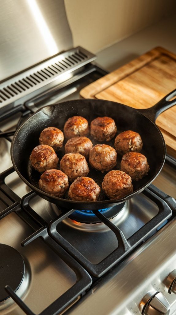 meatballs sizzling in a cast-iron skillet