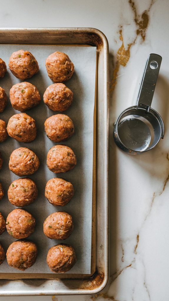 perfectly rolled meatballs lined up on a baking sheet