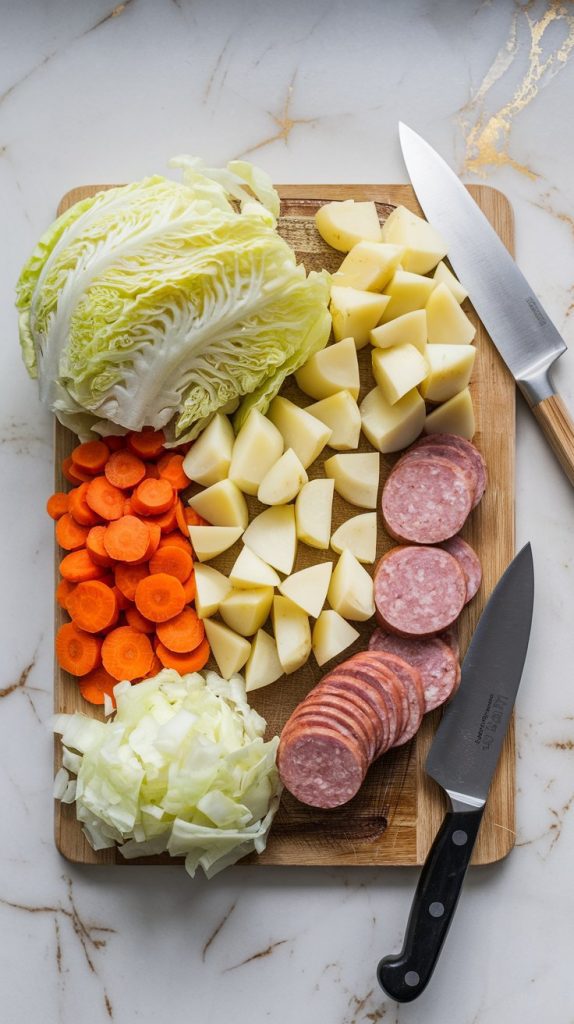 prepped ingredients for Crockpot sausage and cabbage