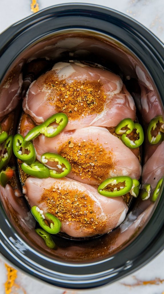 raw chicken breasts in a Crockpot, sprinkled with taco seasoning