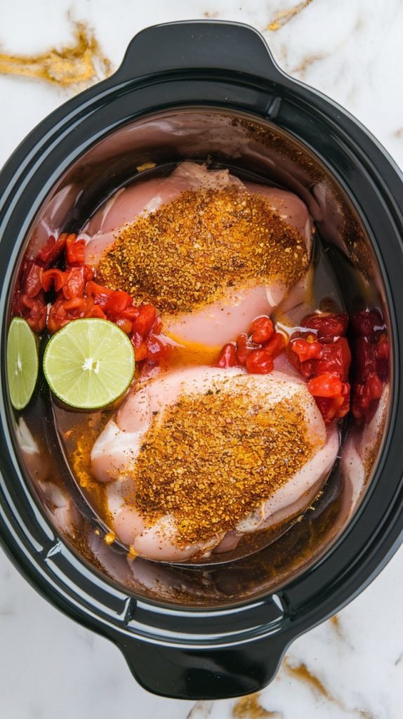 Raw chicken breasts in a crockpot, covered with taco seasoning, chunky salsa, chicken broth, and lime juice