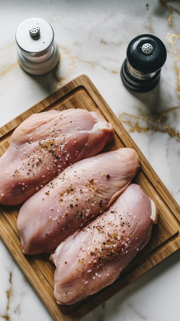 Raw chicken breasts on a wooden cutting board sprinkled with salt and pepper