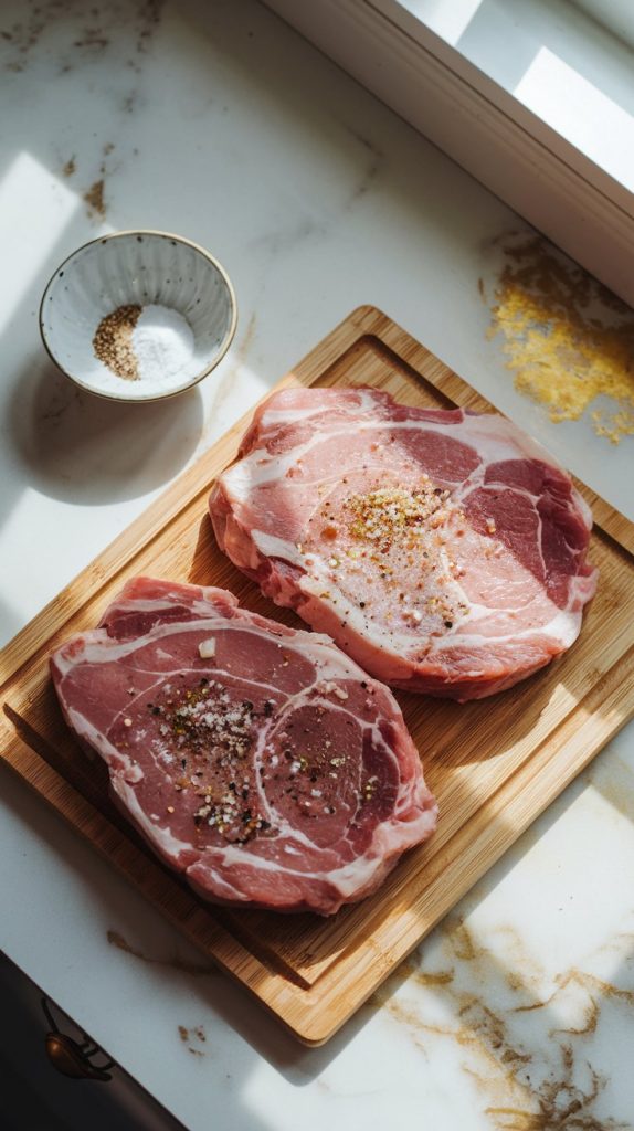 raw pork chops on a wooden cutting board, seasoned with garlic powder, onion powder, salt, and pepper