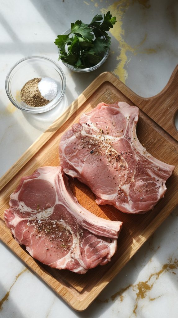 raw pork chops on a wooden cutting board, seasoned with garlic powder, onion powder, salt, and pepper