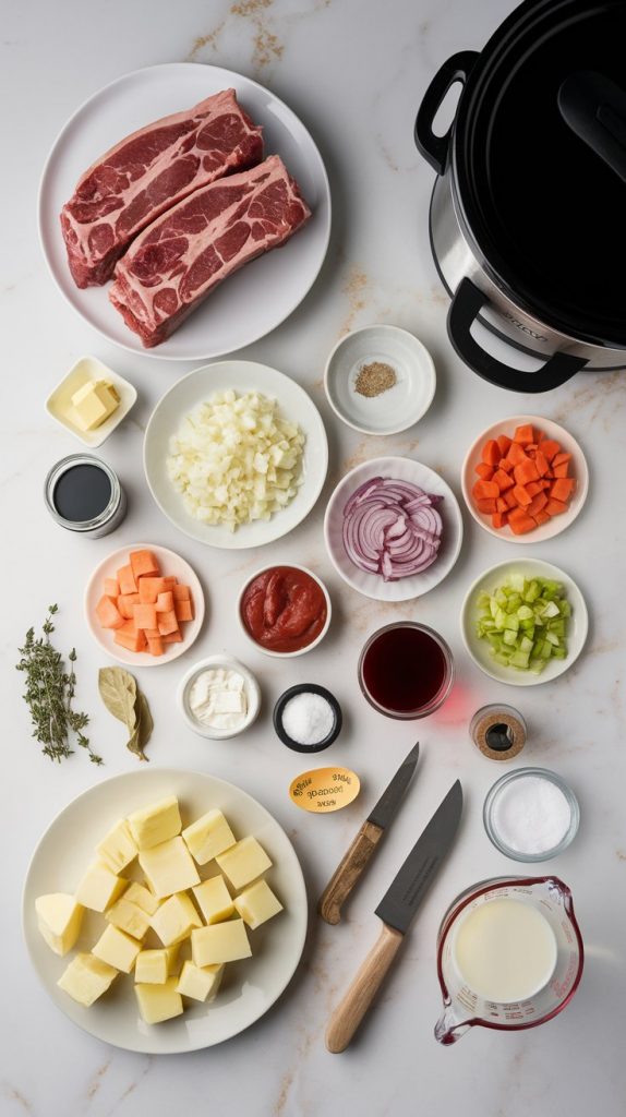 raw short ribs, diced onion, chopped carrots, celery, garlic cloves, tomato paste in a small bowl, a cup of red wine