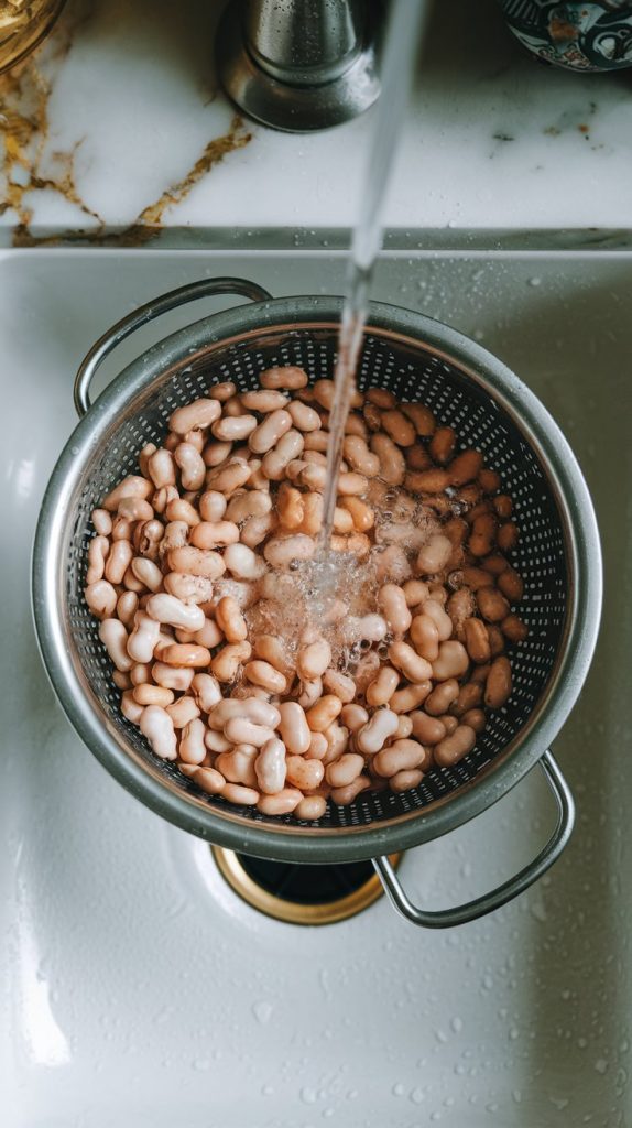 rinsed pinto beans in a metal colander placed in a sink with water running over them