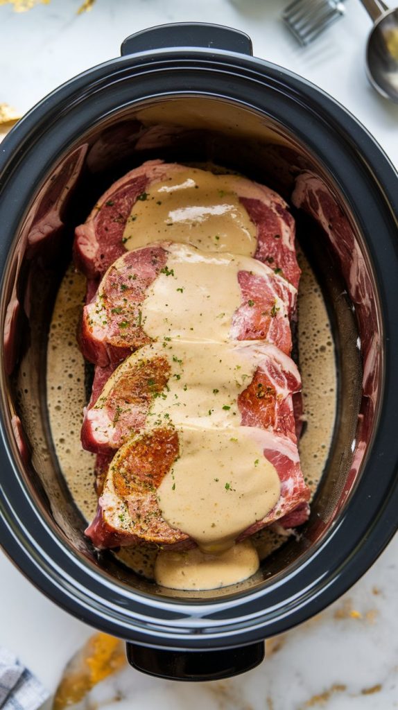 pork chops layered in a slow cooker with creamy gravy poured over the top