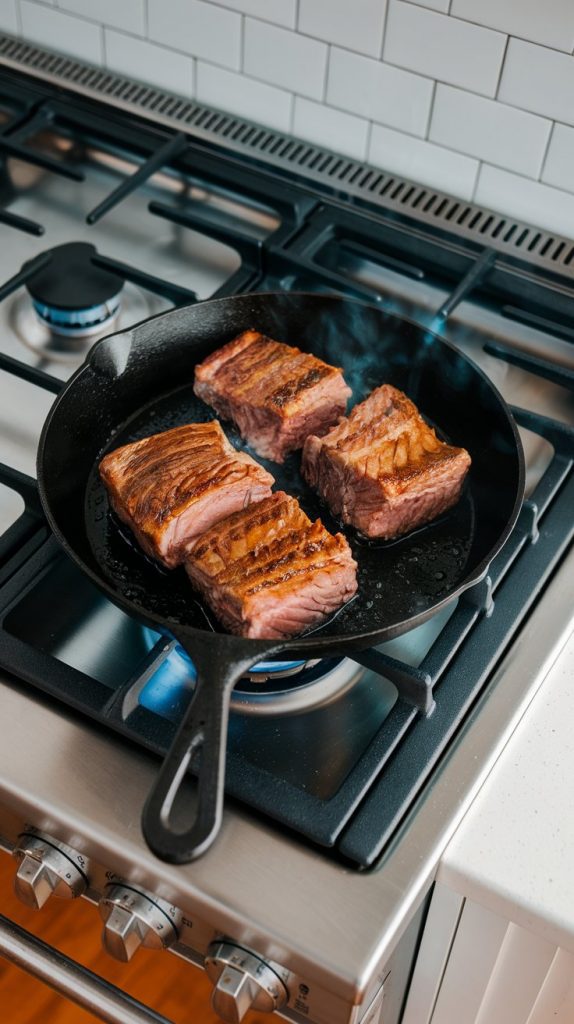 short ribs searing in a cast-iron skillet on a modern stainless steel gas stove