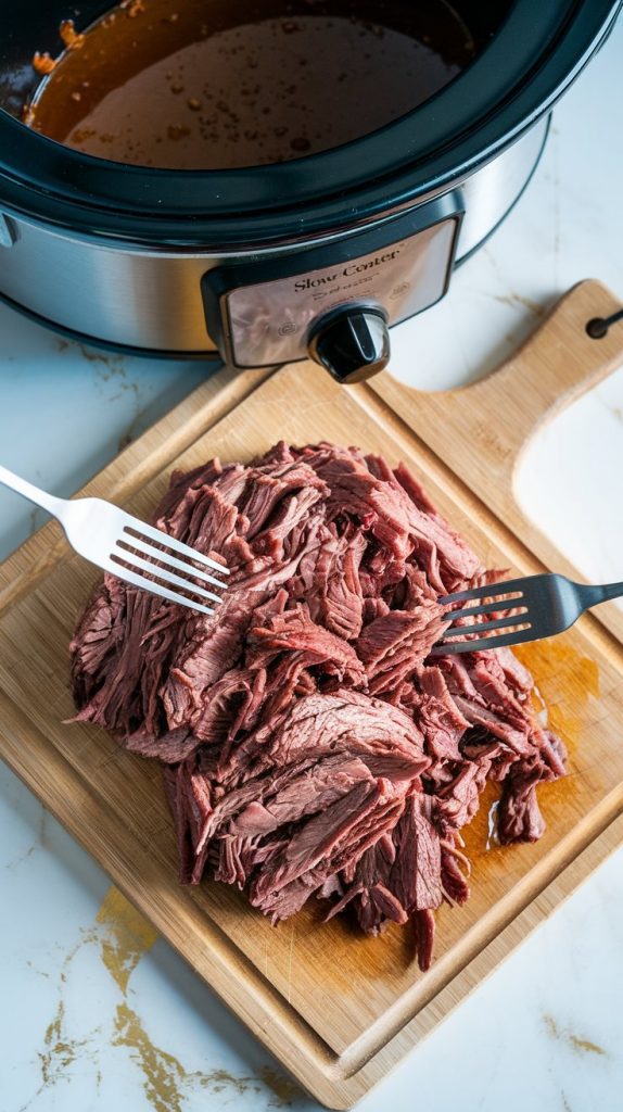 shredded beef on a wooden cutting board, with two forks mid-shred