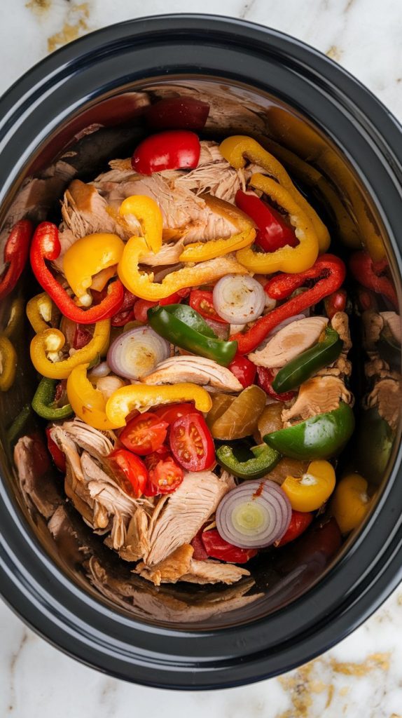 shredded chicken mixed with colorful cooked bell peppers, onions, and tomatoes in the crockpot