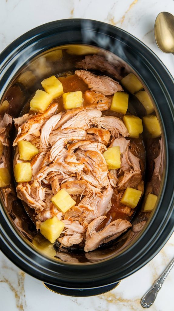 shredded chicken mixed with the pineapple and juices in the slow cooker