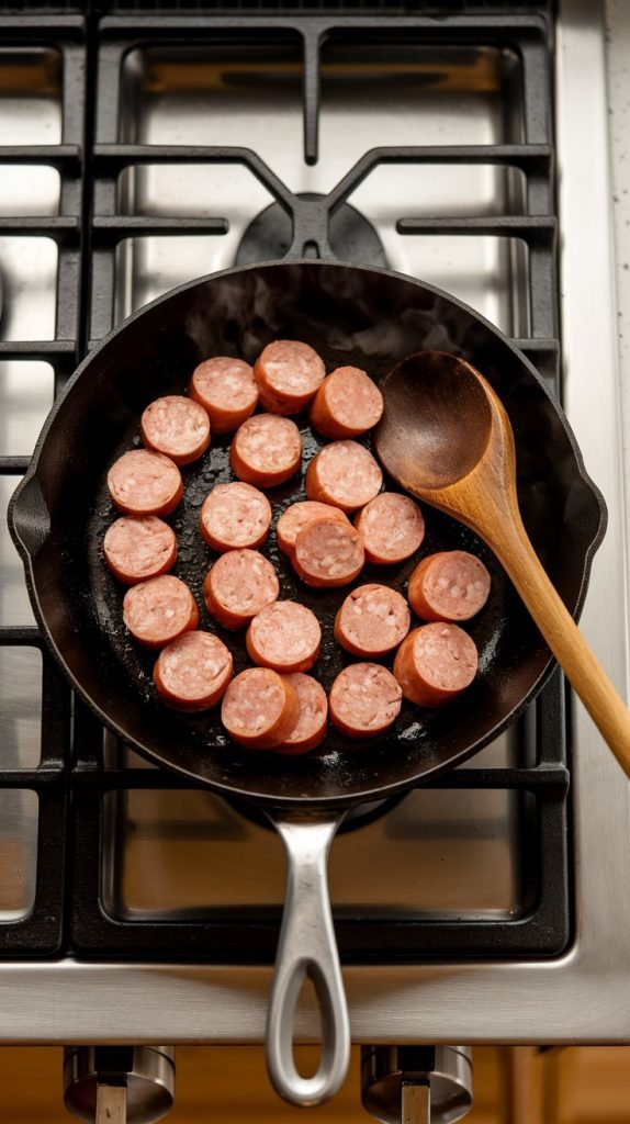 sliced sausage browning in a skillet on a modern stainless steel gas stove