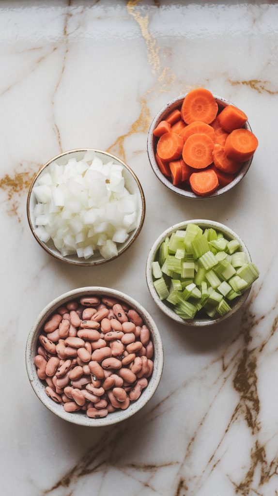 diced onion, sliced carrots, chopped celery, and rinsed dried pinto beans in small bowls